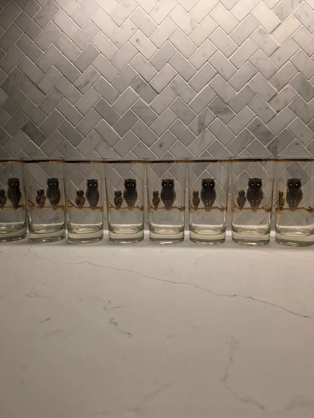 Pristine Vintage Culver 22K Gold Owl Highball Glasses - Set of 8